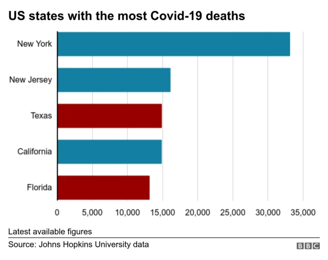 Chart shows US states with most Covid deaths