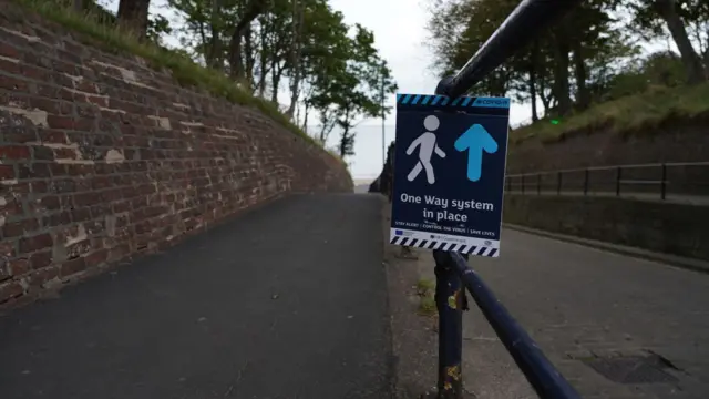 A social distancing sign in Filey