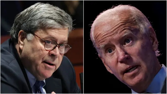 William Barr, left, and Joe Biden