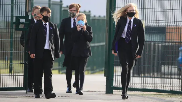 Students arriving wearing masks