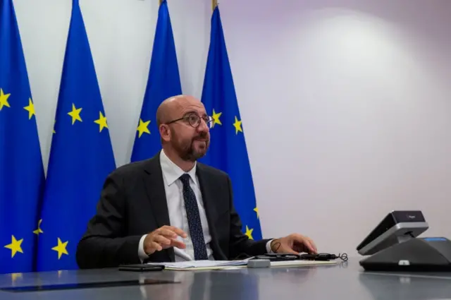 European President Charles Michel attending a video conference in Brussels on 22 September 2020