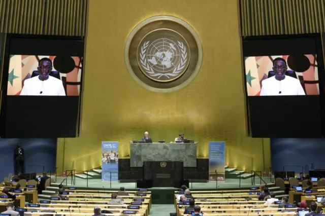 Handout photo shows Senegalese foreign minister Amadou Ba speaking via video link to the UN General Assembly on 21 September 2020