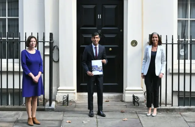 Chancellor Rishi Sunak with Carolyn Fairbairn of the CBI [right] and Frances O'Grady of the TUC