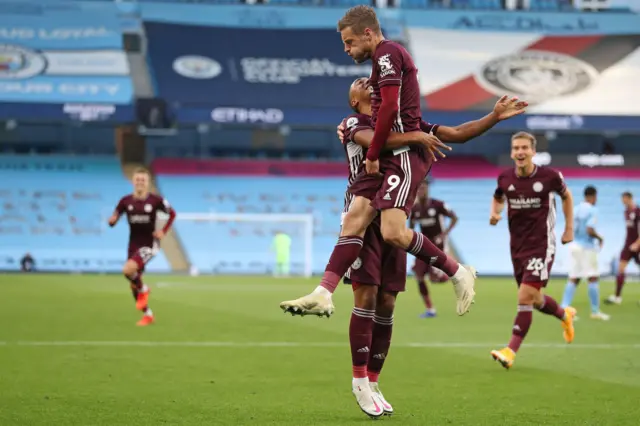 Jamie Vardy celebrates his hat-trick