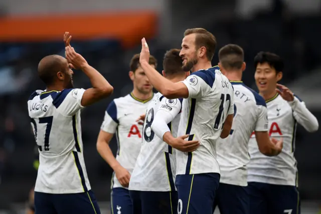 Lucas Moura and Harry Kane celebrate the former giving Spurs the lead against Newcastle