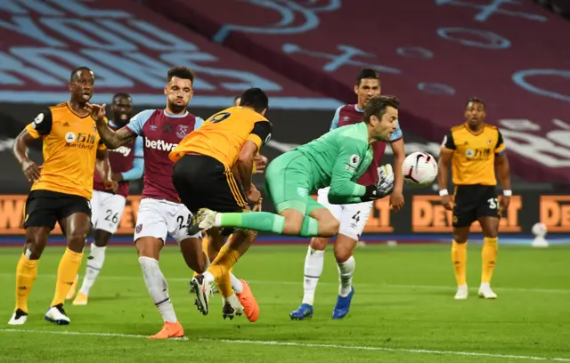 West Ham United's Lukasz Fabianski in action with Wolverhampton Wanderers' Raul Jimenez.