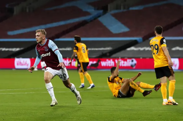 Jarrod Bowen celebrates giving West Ham the lead against Wolves