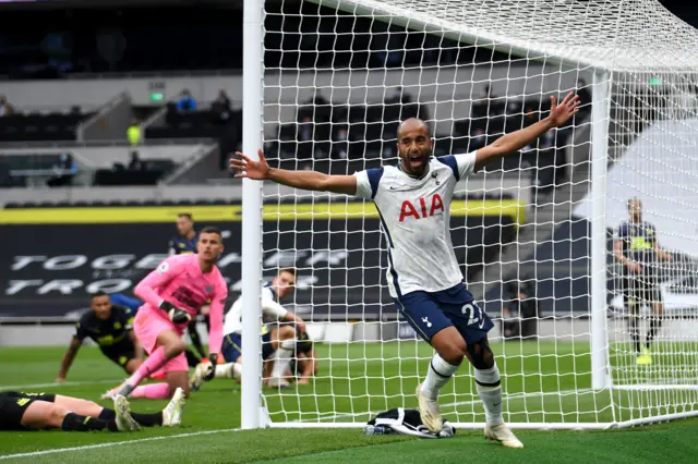 Lucas Moura celebrates giving Tottenham the lead against Newcastle