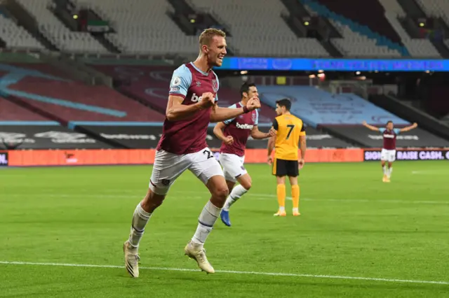 Tomas Soucek celebrates scoring West Ham's third goal against Wolves