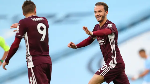 James Maddison celebrates with Jamie Vardy