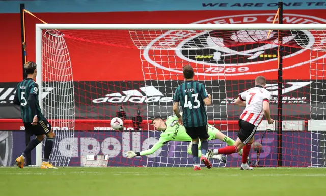 Sheffield United's John Lundstram (right) sees his shot saved by Leeds United goalkeeper Illan Meslier