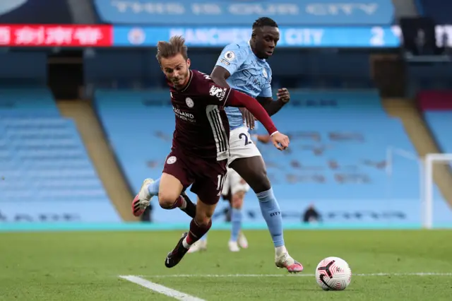 Benjamin Mendy fouls James Maddison to give away a penalty