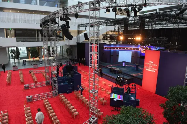 The stage of the first US Presidential debate is seen at the Case Western Reserve University and Cleveland Clinic in Cleveland, Ohio on September 29, 2020