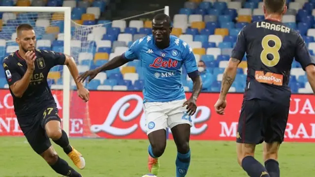 Napoli"s defender Kalidou Koulibaly (C) in action during the Italian Serie A soccer match between SSC Napoli and Genoa CFC at the San Paolo stadium in Naples, Italy, 27 September 2020