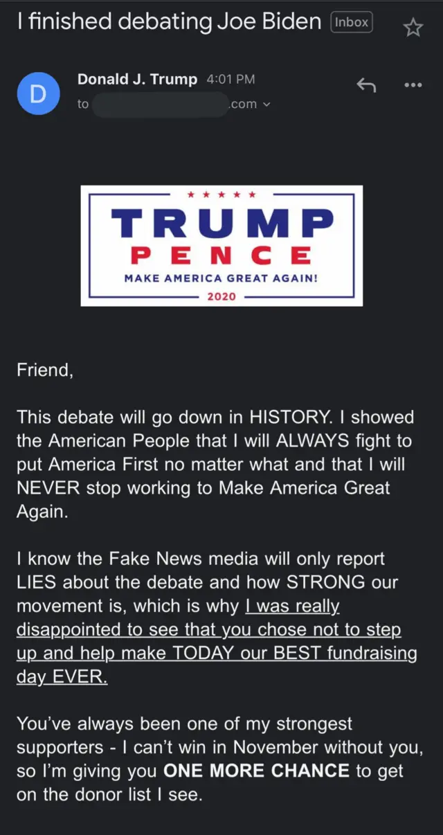 Photo of fundraising email from Trump