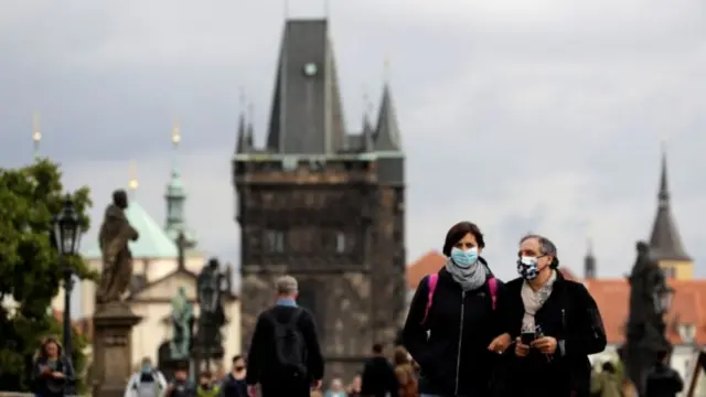 People wearing masks in Prague