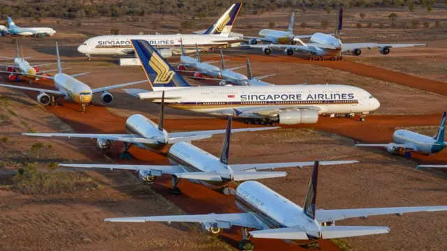 Grounded Singapore Airlines planes at Alice Springs, Australia