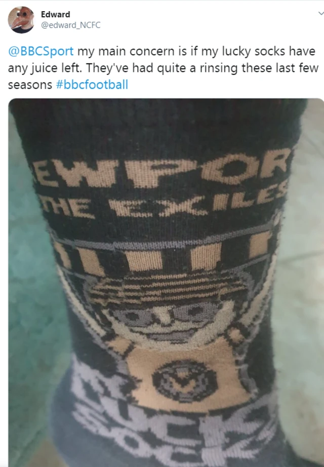 Tweet by Edward: my main concern is if my lucky socks have any juice left. They've had quite a rinsing these last few seasons