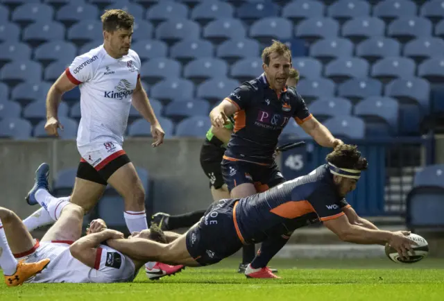 Stuart McInally scores a try for Edinburgh against Ulster