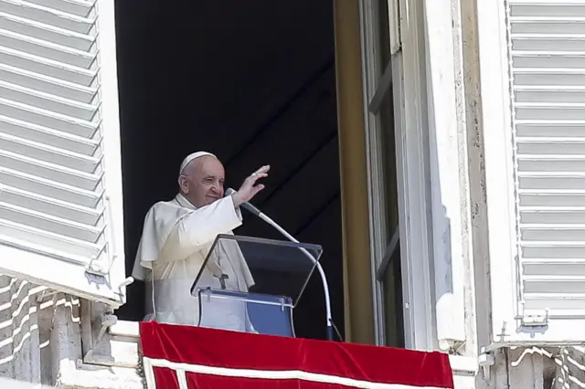 Pope Francis during the Angelus prayer from the window of his office at Saint Peter"s Square in Vatican City, 06 September 2020