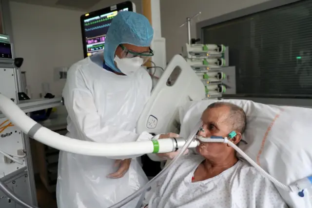 Image shows a coronavirus patient at the La Croix-Rousse Hospital in Lyon, Franc