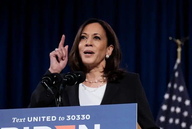 Democratic Vice Presidential nominee Sen Kamala Harris (D-CA.), delivers remarks during a campaign event on August 27, 2020 in Washington, DC