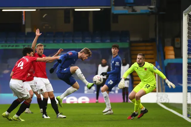 Timo Werner scores Chelsea's second goal against Morecambe in the FA Cup