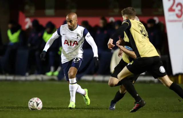 Lucas Moura of Tottenham Hotspur on the ball during the FA Cup Third Round match between Marine and Tottenham Hotspur at Rossett Park