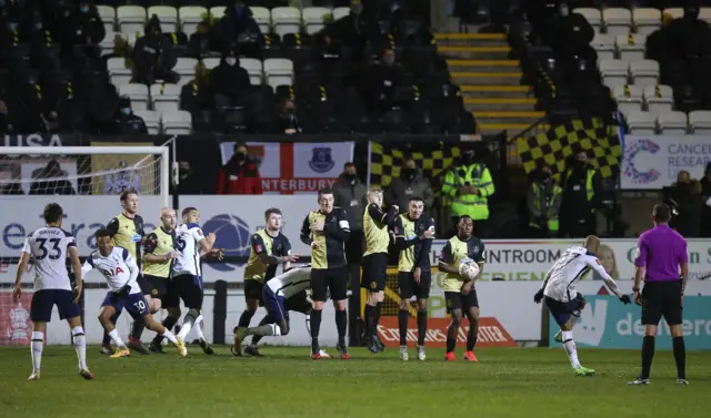 Lucas Moura scores Tottenham's third goal against Marine from a free-kick