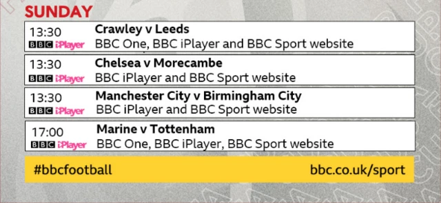 Watch Crawley v Leeds, Chelsea v Morecambe, Man City v Birmingham City, Marine v Tottenham on BBC iPlayer