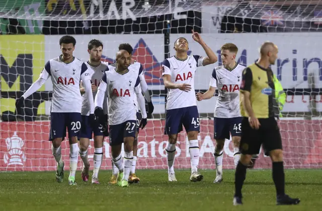 Tottenham Hotspur's Carlos Vinicius celebrates scoring their second goal against Marine in the FA Cup with teammates