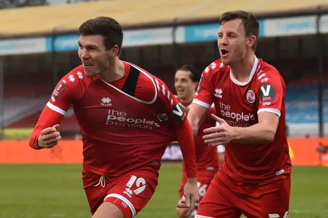 Jordan Tunnicliffe celebrates scoring Crawley's third goal against Leeds