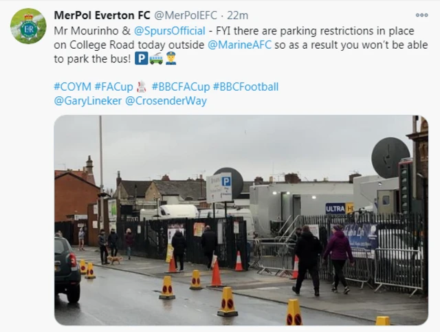 MerPolEvertonFC: Mr Mourinho & @SpursOfficial - FYI there are parking restrictions in place on College Road today outside @MarineAFC so as a result you won’t be able to park the bus!