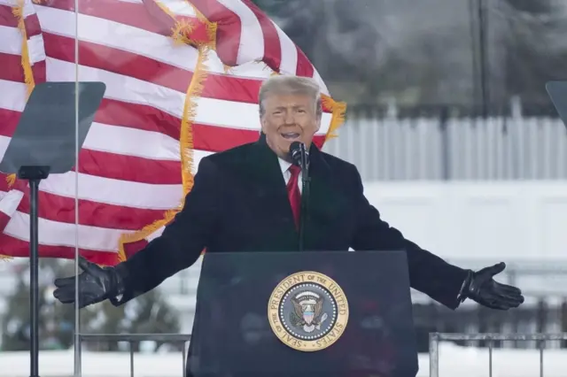 Trump speaks to his supporters before they stormed Congress on 6 January 2020