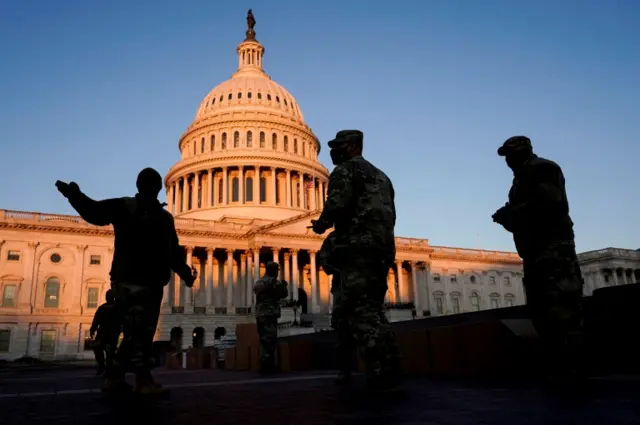 Members of the National Guard arrive at the US Capitol