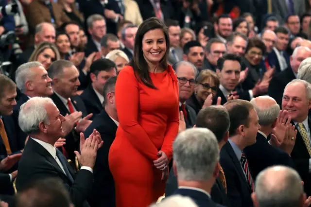 Republicans applaud Stefanik at an event to mark the end Trump's first impeachment