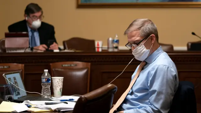 Rep. Jim Jordan (R-OH) (R) wears a protective mask during a Rules Committee meeting at the U.S. Capitol on January 12, 2021 in Washington, DC.