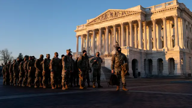 Members of the National Guard gather outside the U.S. Capitol on January 12, 2021 in Washington, DC.