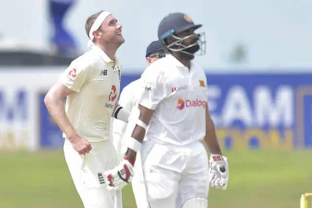 Stuart Broad celebrates dismissing Lahiru Thirimanne