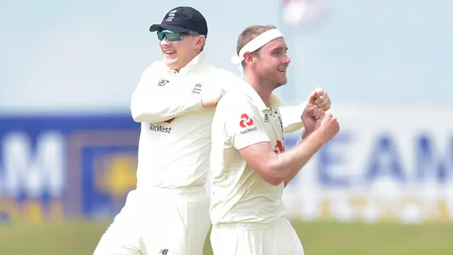 Stuart Broad celebrates dismissing Lahiru Thirimanne