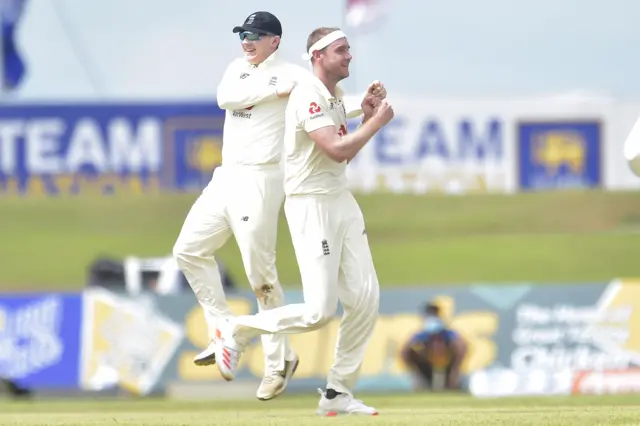 England's Stuart Broad celebrates dismissing Kusal Mendis