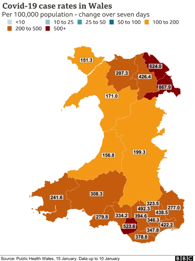 Covid case rates in Welsh local authority areas