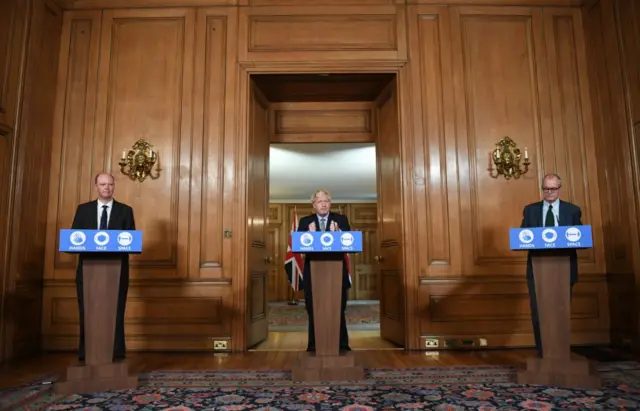 Chris Whitty, Boris Johnson and Sir Patrick Vallance at Downing Street