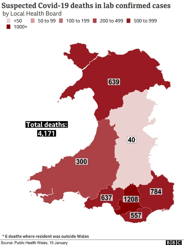 Map of Covid deaths by Welsh health board area