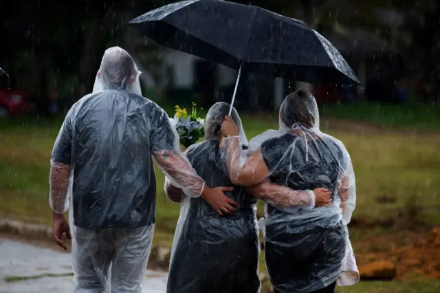 Relatives attend a COVID-19 victim's burial under the rain, at the Nossa Senhora Aparecida cemetery in Manaus, Amazonas state