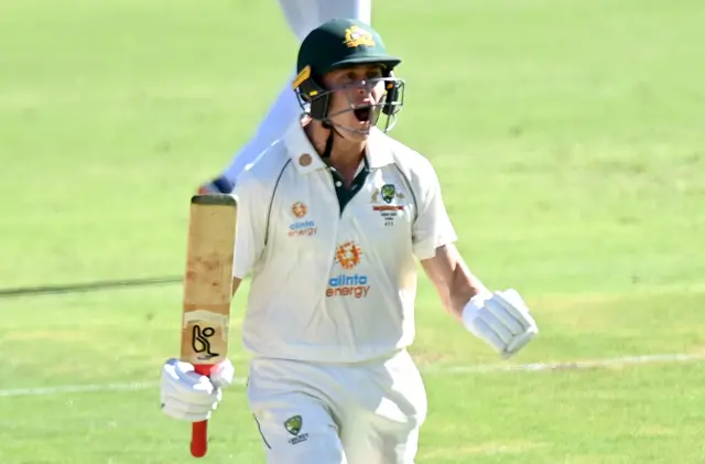 Australia's Marnus Labuschagne celebrates reaching his century against India