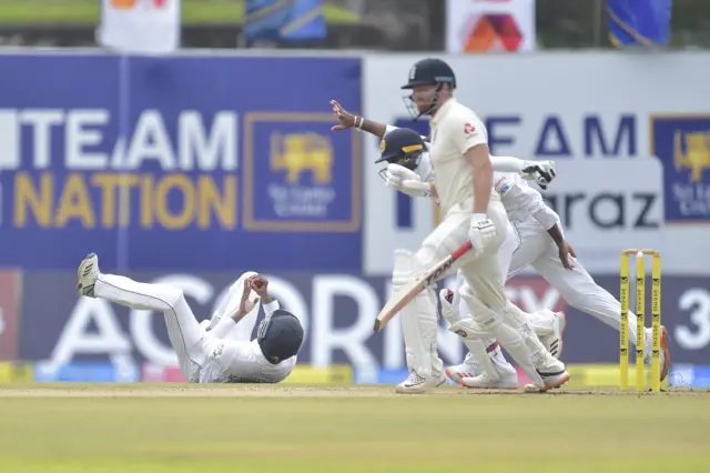 Jonny Bairstow is caught by Kusal Mendis on day two of the first Test in Galle