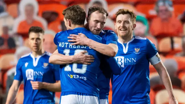 St Johnstone celebrate a goal at Tannadice on Tuesday