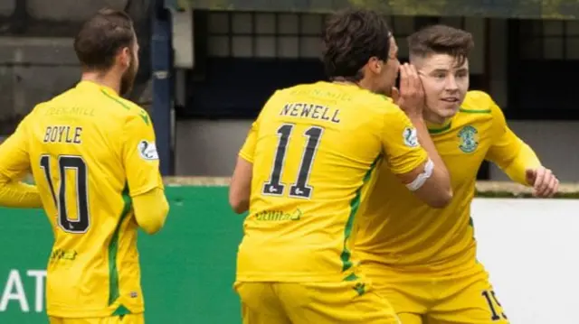 Hibs celebrate at Rugby Park