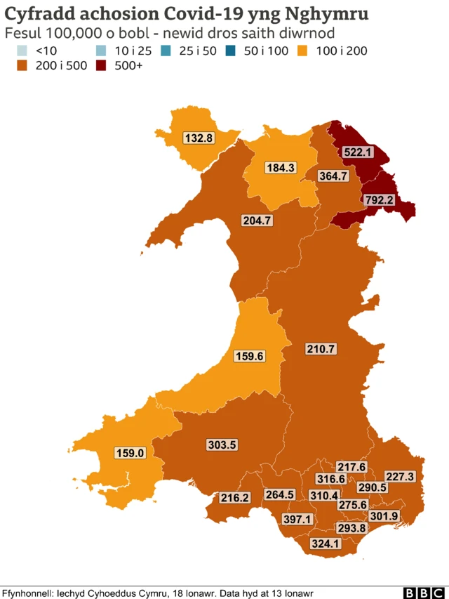 Map o gyfradd achosion Covid-19 yng Nghymru